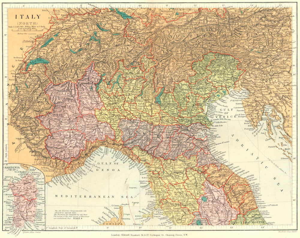 ITALY. Italy (North) ; Inset map of Sardinia. Stanford 1892 old antique