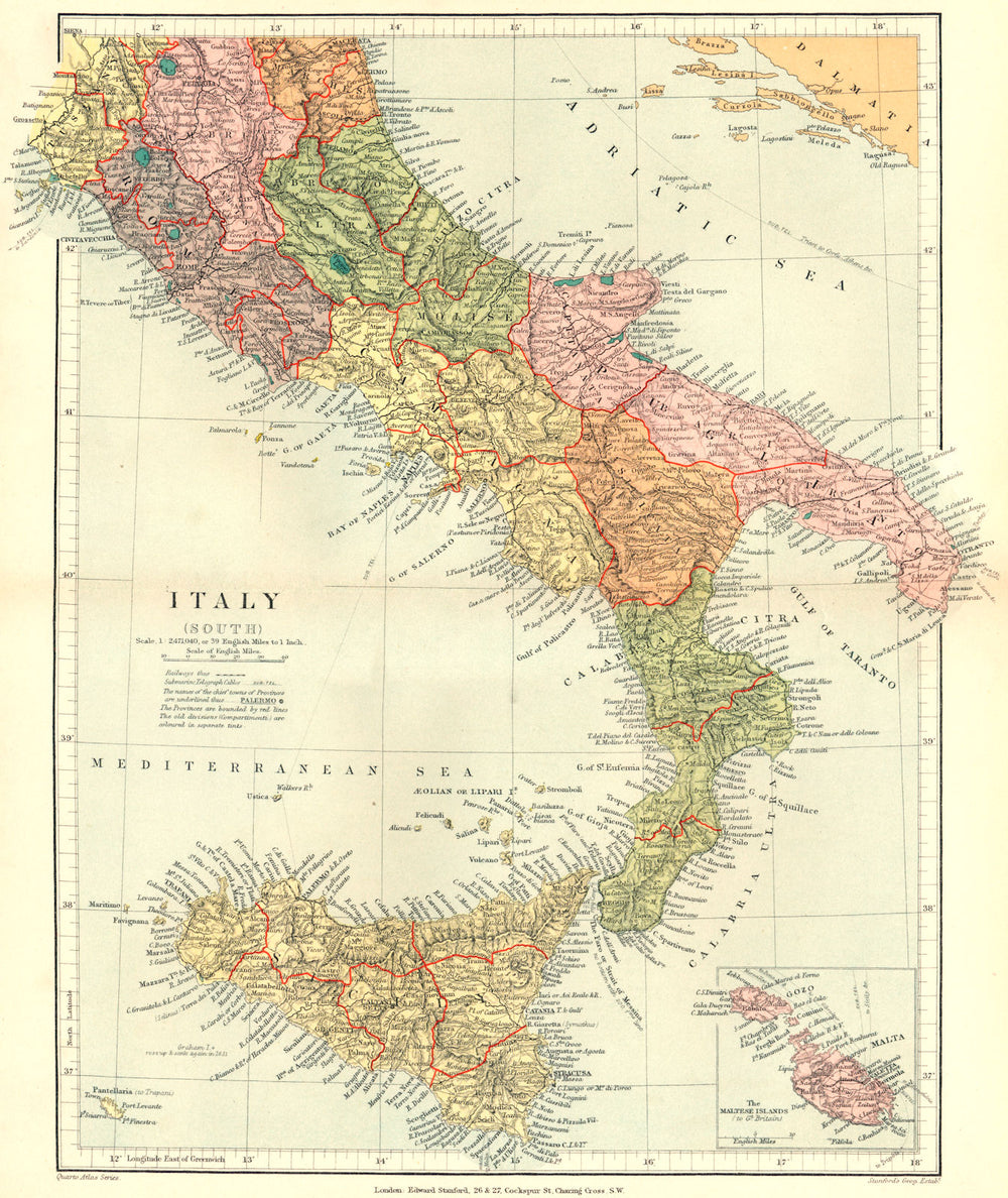 ITALY. Italy (South) ; Inset map of The Maltese Islands. Stanford 1892 old