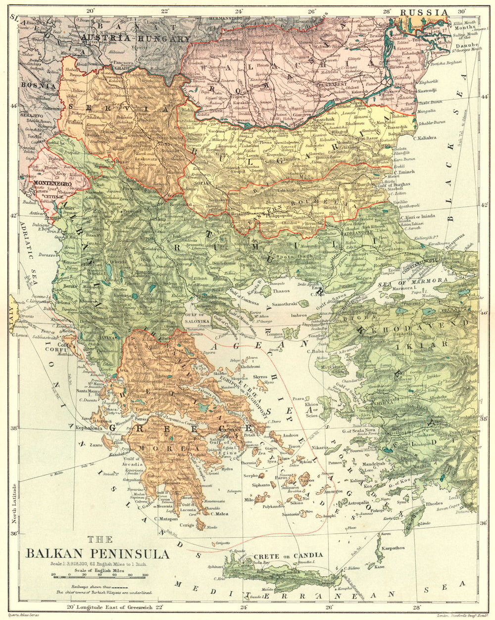 Balkan Peninsula. Greece Serbia Bulgaria Wallachia Rumili. Stanford 1892 map