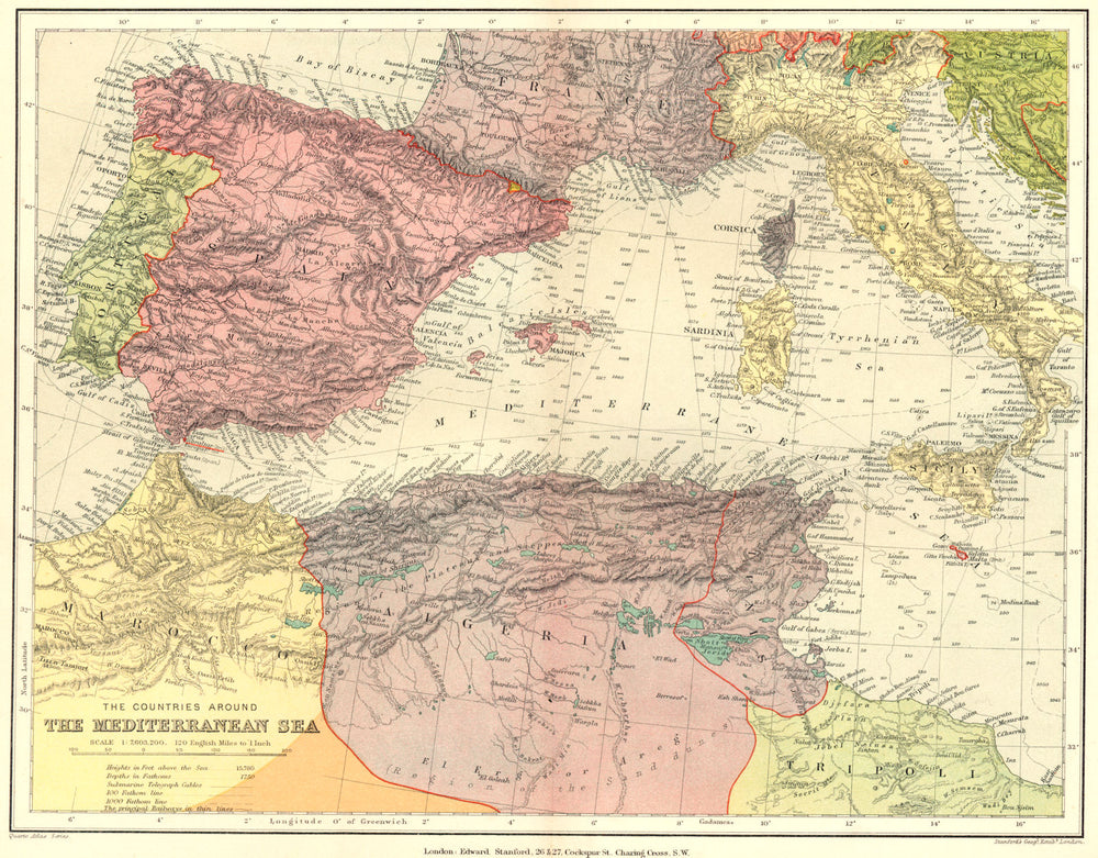 Western Mediterranean. Spain Portugal Morocco Algeria Italy. Stanford 1892 map