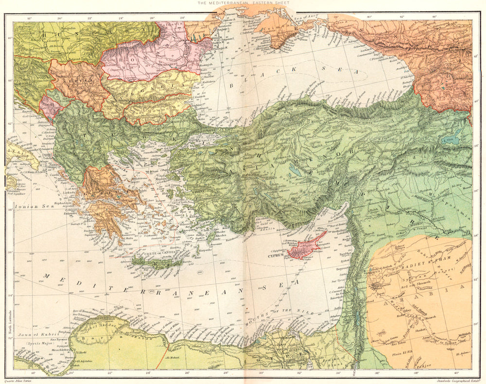 Eastern Mediterranean. Greece Egypt Turkey Cyprus Ottoman Emp. Stanford 1892 map