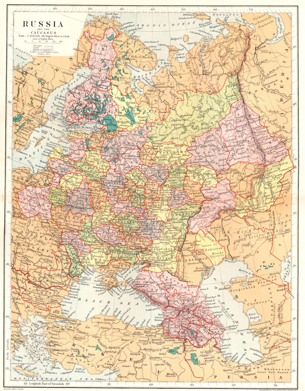 RUSSIA. Russia and the Caucasus. Ukraine Georgia Poland. Stanford 1892 old map