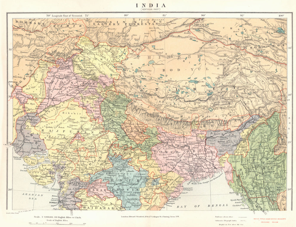 INDIA. India (Northern part) . Tibet Nepal Bhutan. Stanford 1892 old map