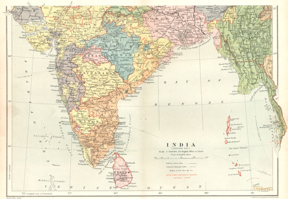 INDIA. Southern part. Burma. Ceylon Sri Lanka Andaman Islands. Stanford 1892 map