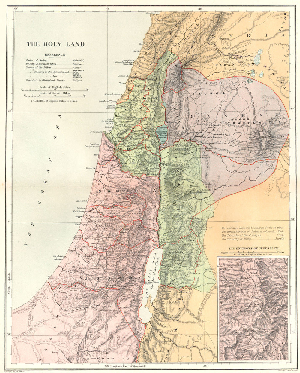 ISRAEL PALESTINE. The Holy Land; Inset Jerusalem. Jordan. Stanford 1892 map