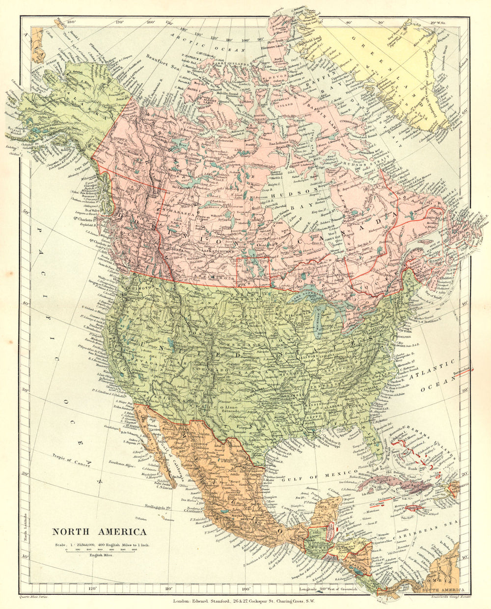 NORTH AMERICA. United States USA Canada Mexico. Stanford 1892 old antique map
