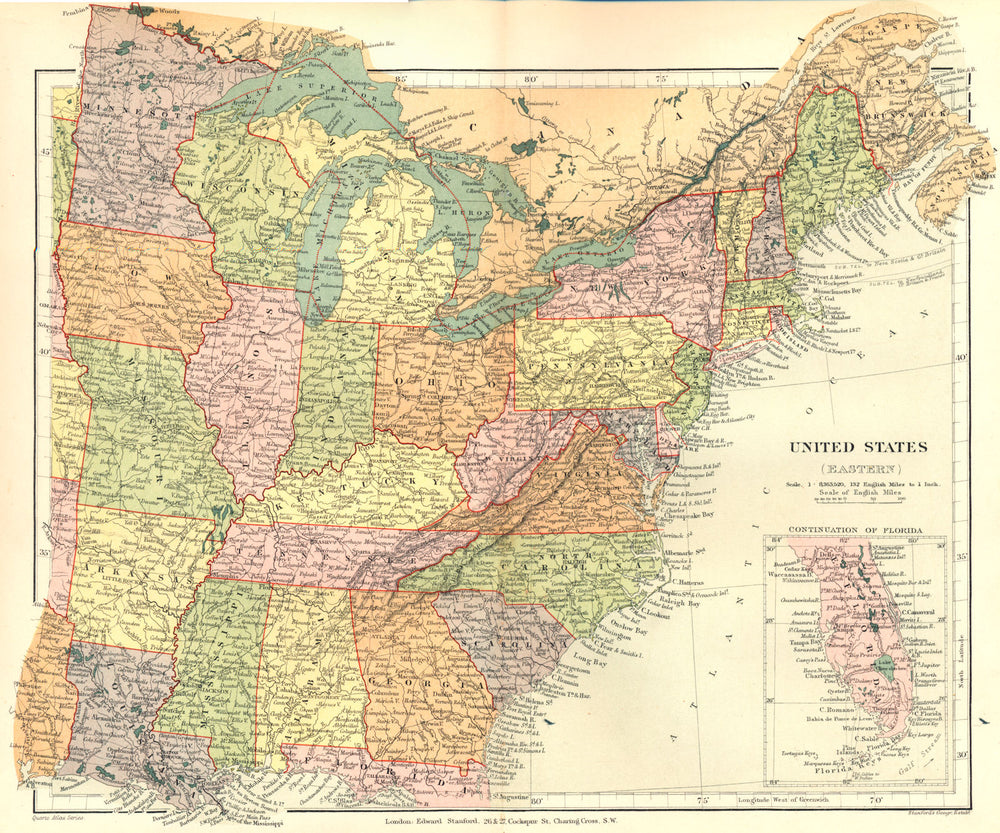 USA. United States (Eastern) ; Inset Florida. Stanford 1892 old antique map