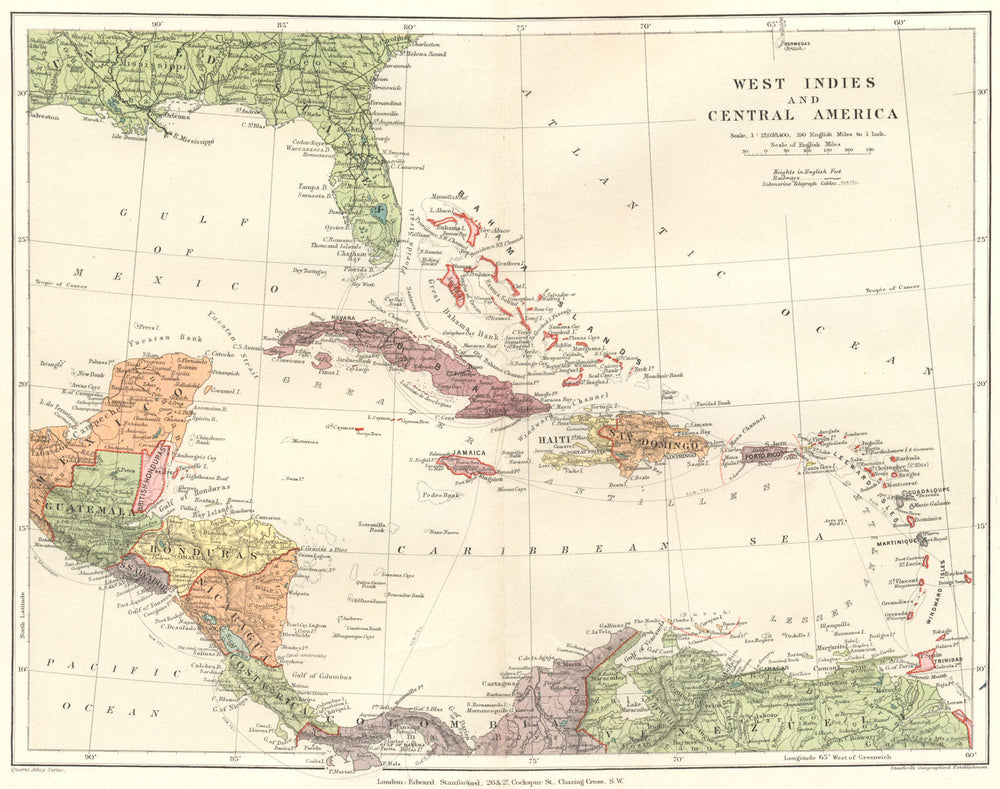 WEST INDIES. West Indies and Central America. Stanford 1892 old antique map