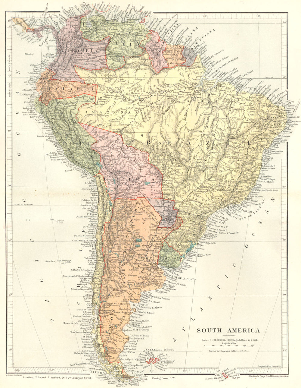 SOUTH AMERICA. South America. Stanford 1892 old antique vintage map plan chart