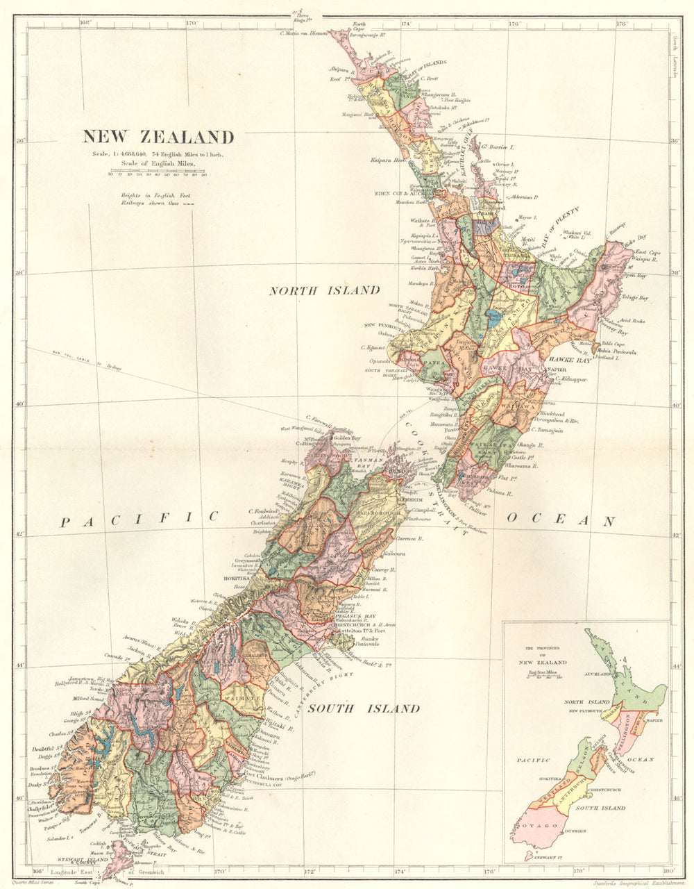 NEW ZEALAND. Inset Provinces of New Zealand. Stanford 1892 old antique map