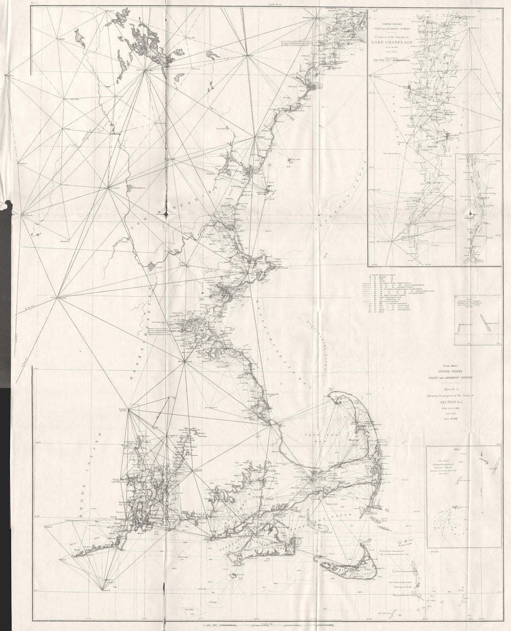 USCGS survey. Coast. Cape Cod RI Massachusetts NH; Lake Champlain 1881 old map