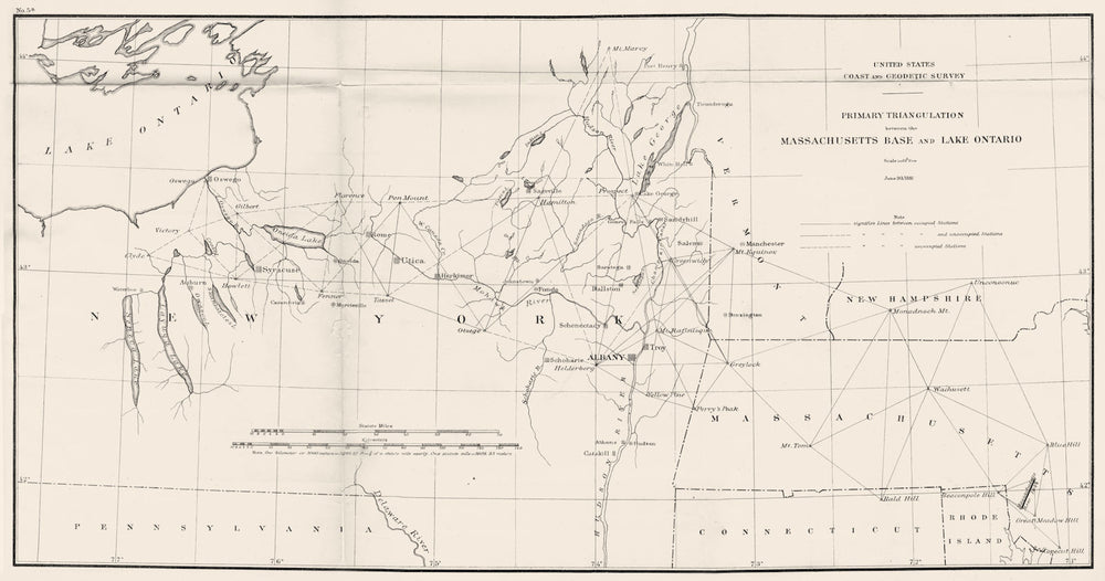 NEW YORK MASSACHUSETTS. USCGS.Triangulation to Lake Ontario. Albany 1881 map