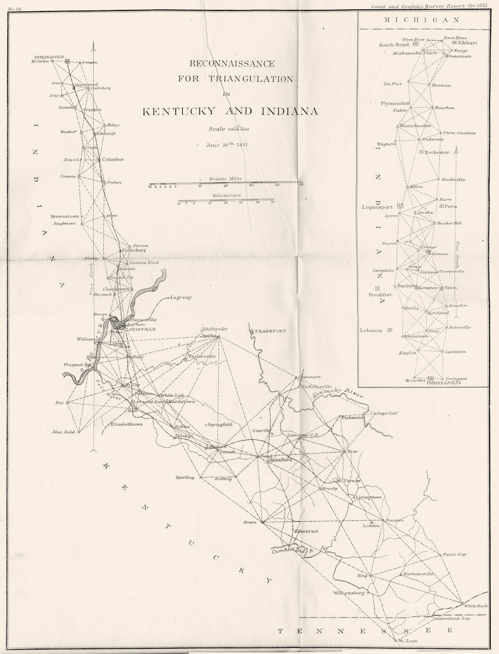 KENTUCKY INDIANA. USCGS Triangulation. Louisville Indianapolis 1881 old map