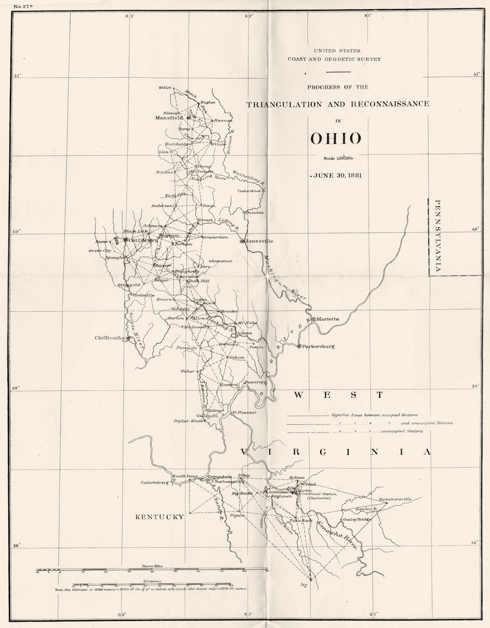OHIO. USCGS Triangulation and Reconnaissance.Columbus 1881 old antique map