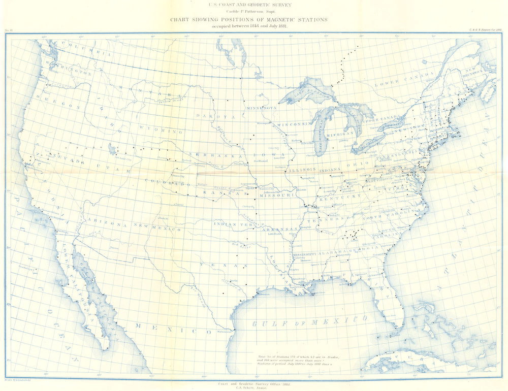 USA. USCGS magnetic stations occupied between 1844 and July 1881 1881 old map