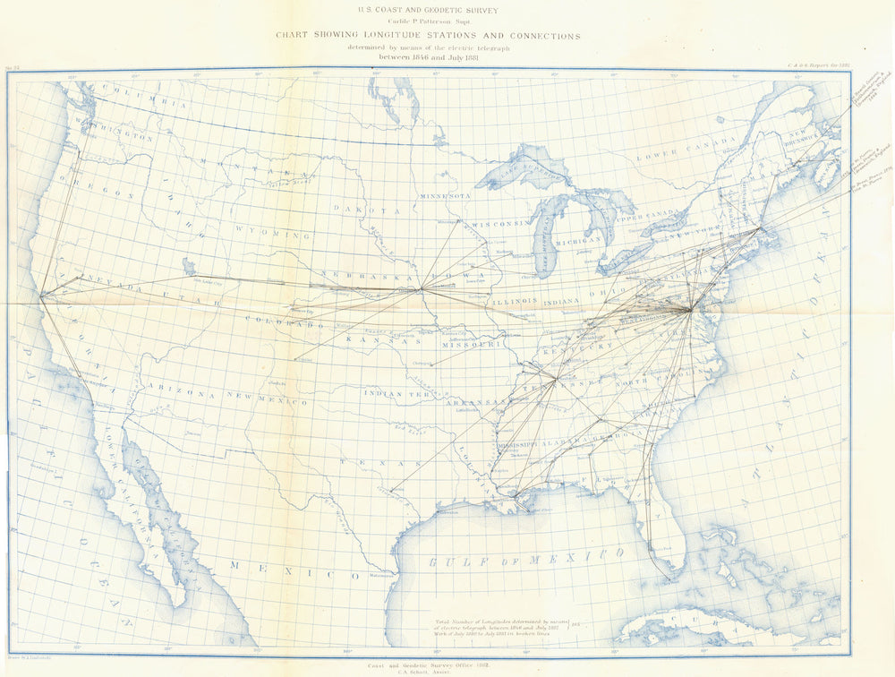 USA. USCGS longitude stations connections by telegraph 1846-81 1881 old map