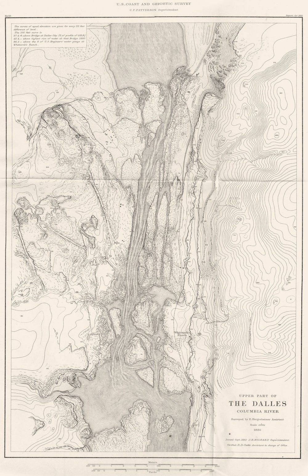 OREGON. USCGS Upper part of The Dalles Columbia river; Hergesheimer 1881 map