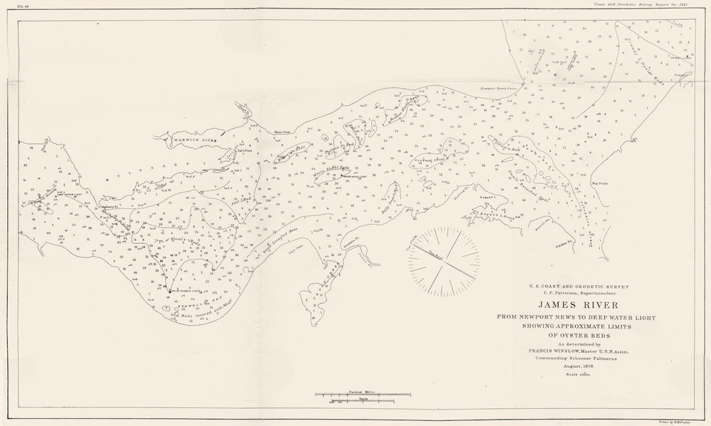 VIRGINIA. USCGS James river Newport news deep water light Oyster beds 1881 map
