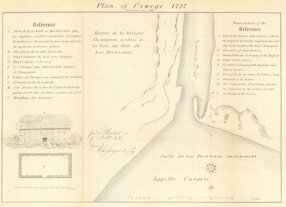 Plan of Oswego in 1727. Riviere Choueguen. Lake Frontenac. New York 1849 map