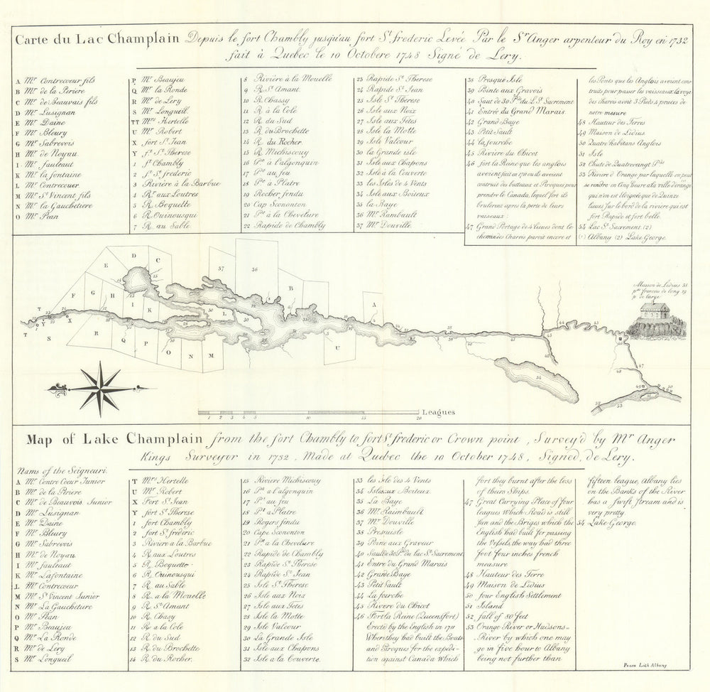 Map of Lake Champlain. 1748 French property claims. De Lery 1849 old