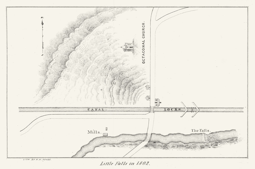 Town/city plan of Little Falls, New York, in 1802. Octagonal Church 1850 map