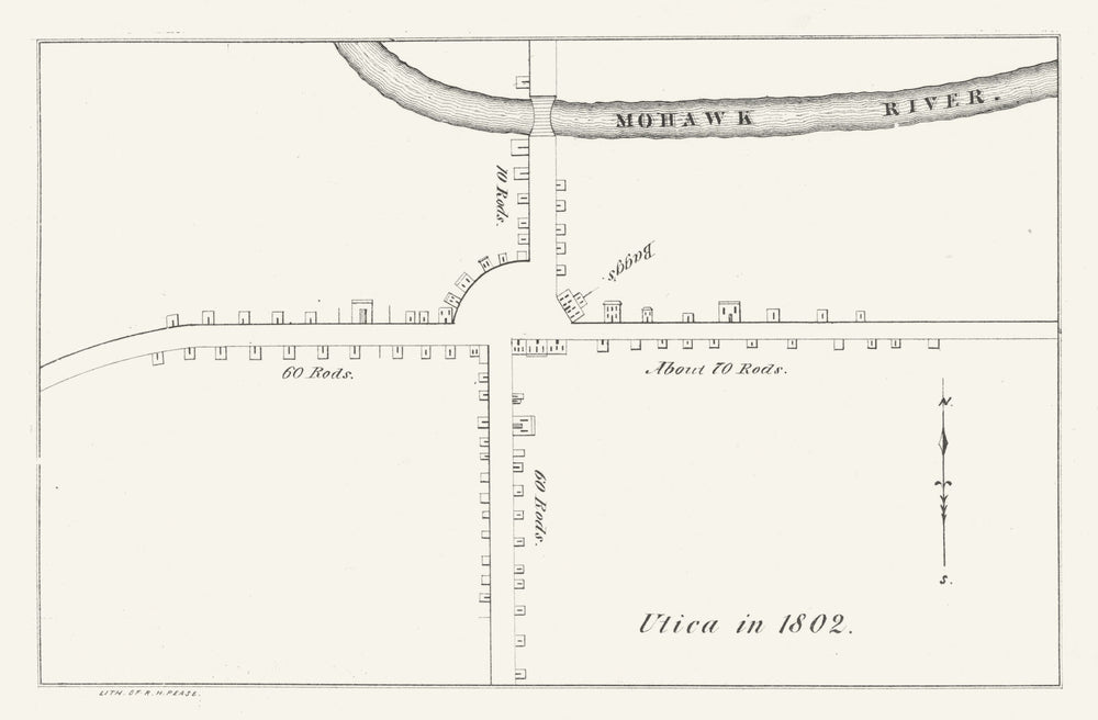 Town/city plan of Utica, New York in 1802. Mohawk River 1850 old antique map