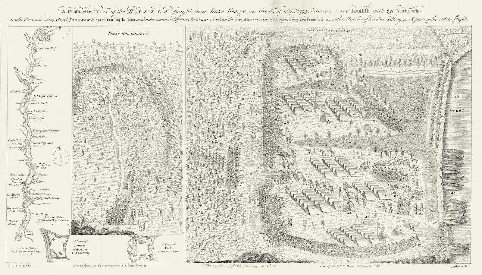 Battle of Lake George, Province of New York, 1755. Hudson map 1851 old ...