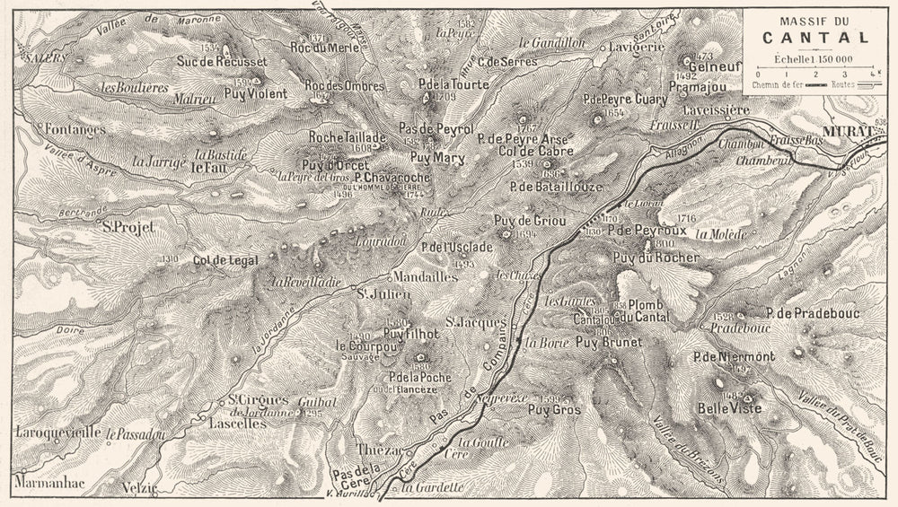 CANTAL. Massif Du Cantal 1900 old antique vintage map plan chart