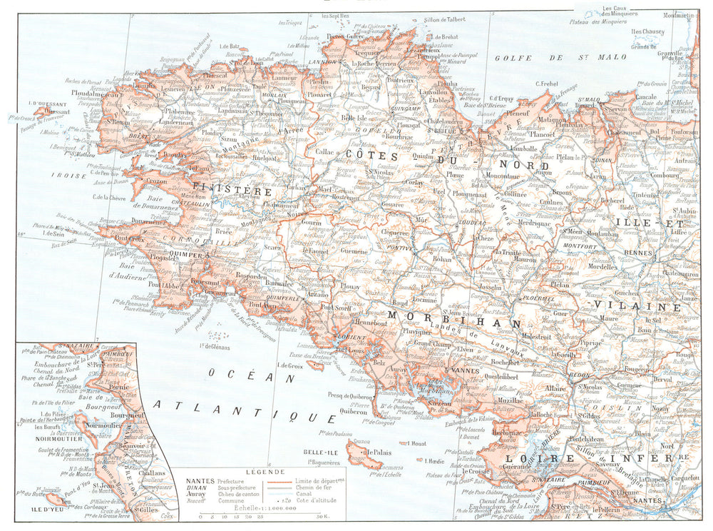 FRANCE. Bretagne Britanny; Inset map of Noirmoutier 1900 old antique chart