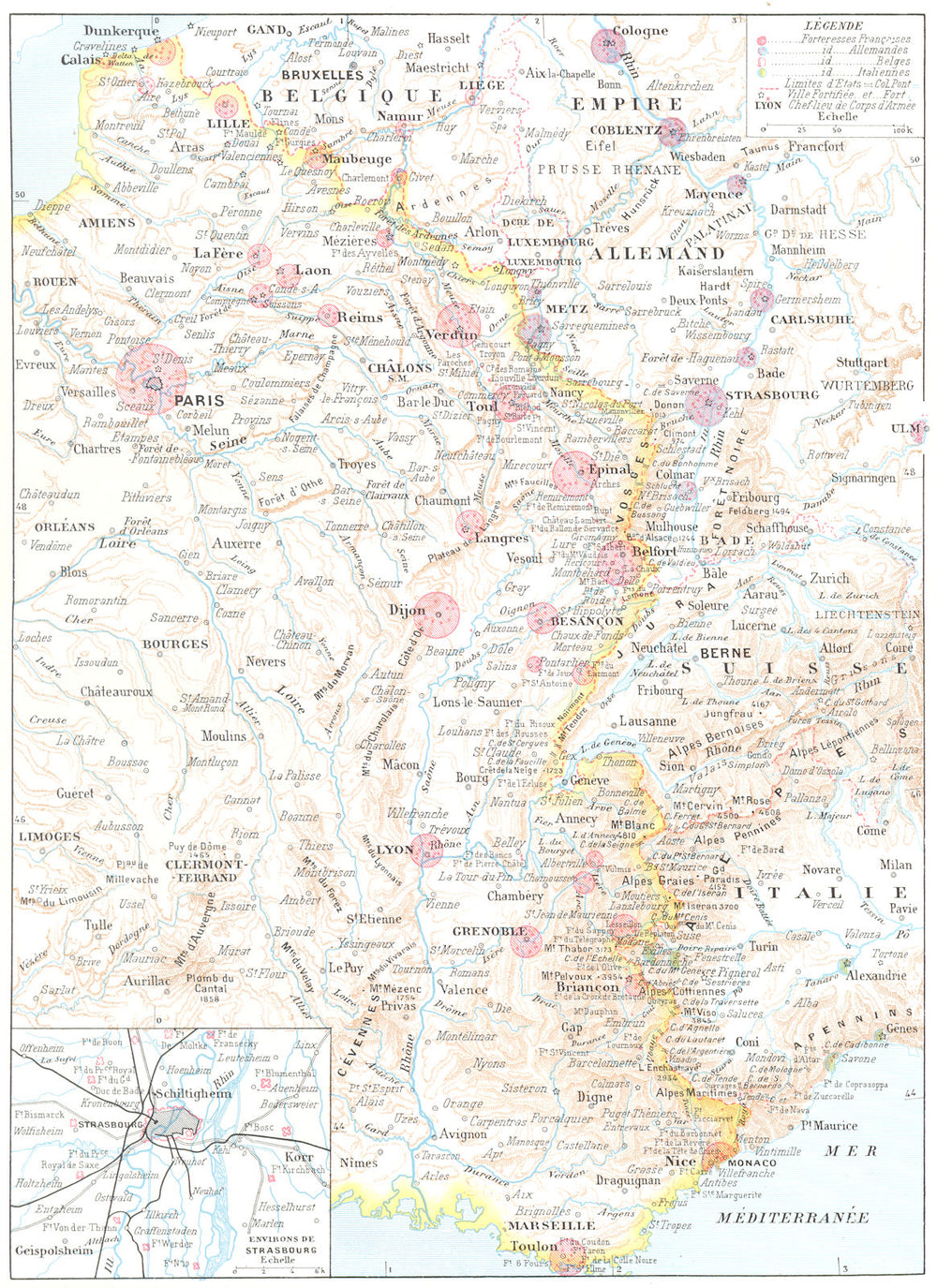 FRANCE. Frontiere Nord-est; Inset Environs de Strasbourg.Forteresses 1900 map