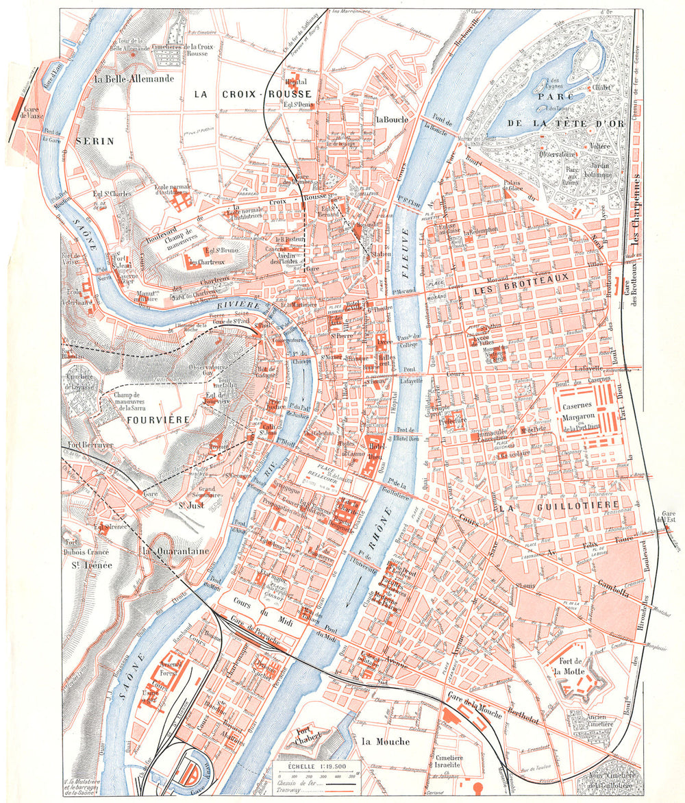 RHÔNE. Lyon 1900 old antique vintage map plan chart