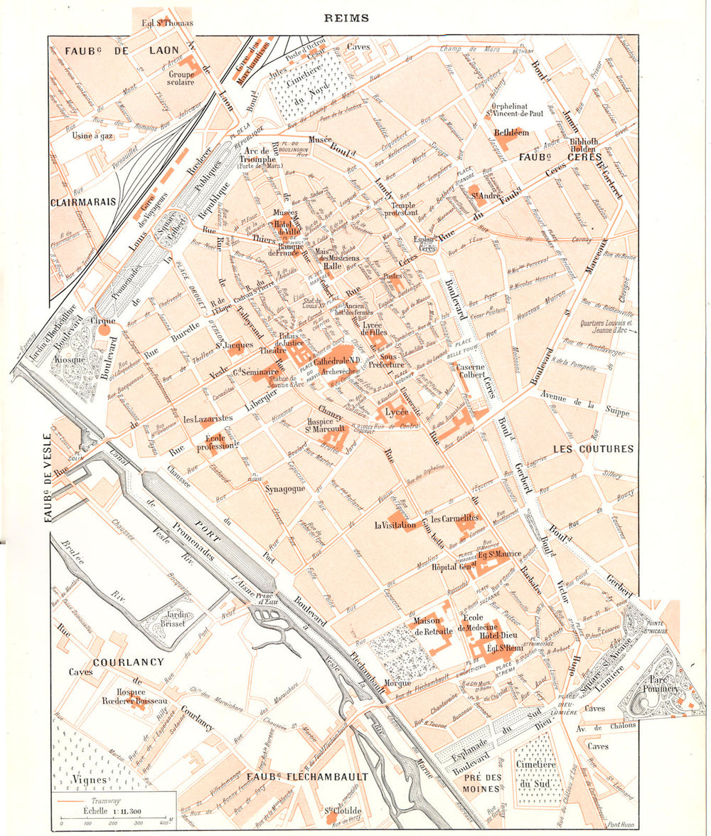 MARNE. Reims 1900 old antique vintage map plan chart