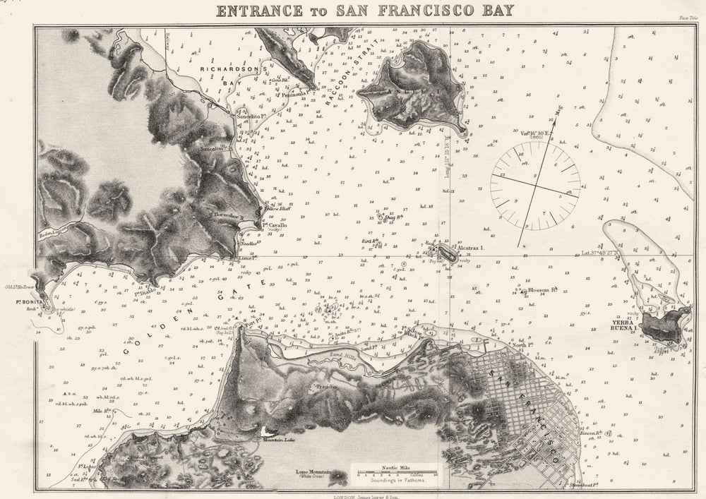 CALIFORNIA. Sea chart of Entrance to San Francisco Bay 1881 old antique map