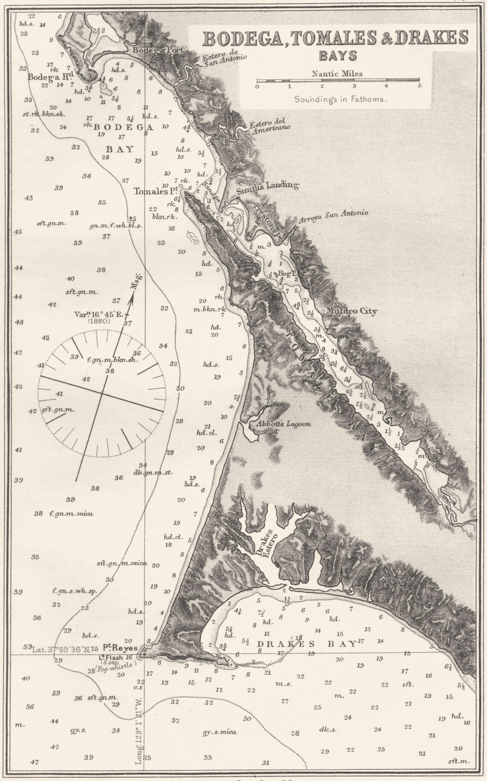 CALIFORNIA. Sea chart of Bodega, Tomales & Drakes Bays 1881 old antique map
