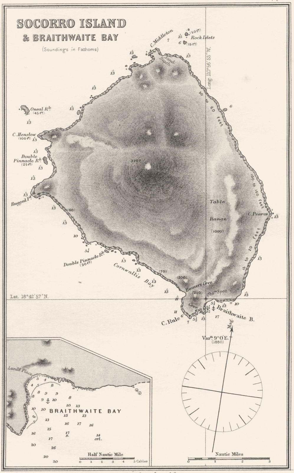 MEXICO. Sea chart Socorro Isle Braithwaite Bay (Soundings Fathoms)  1881 map