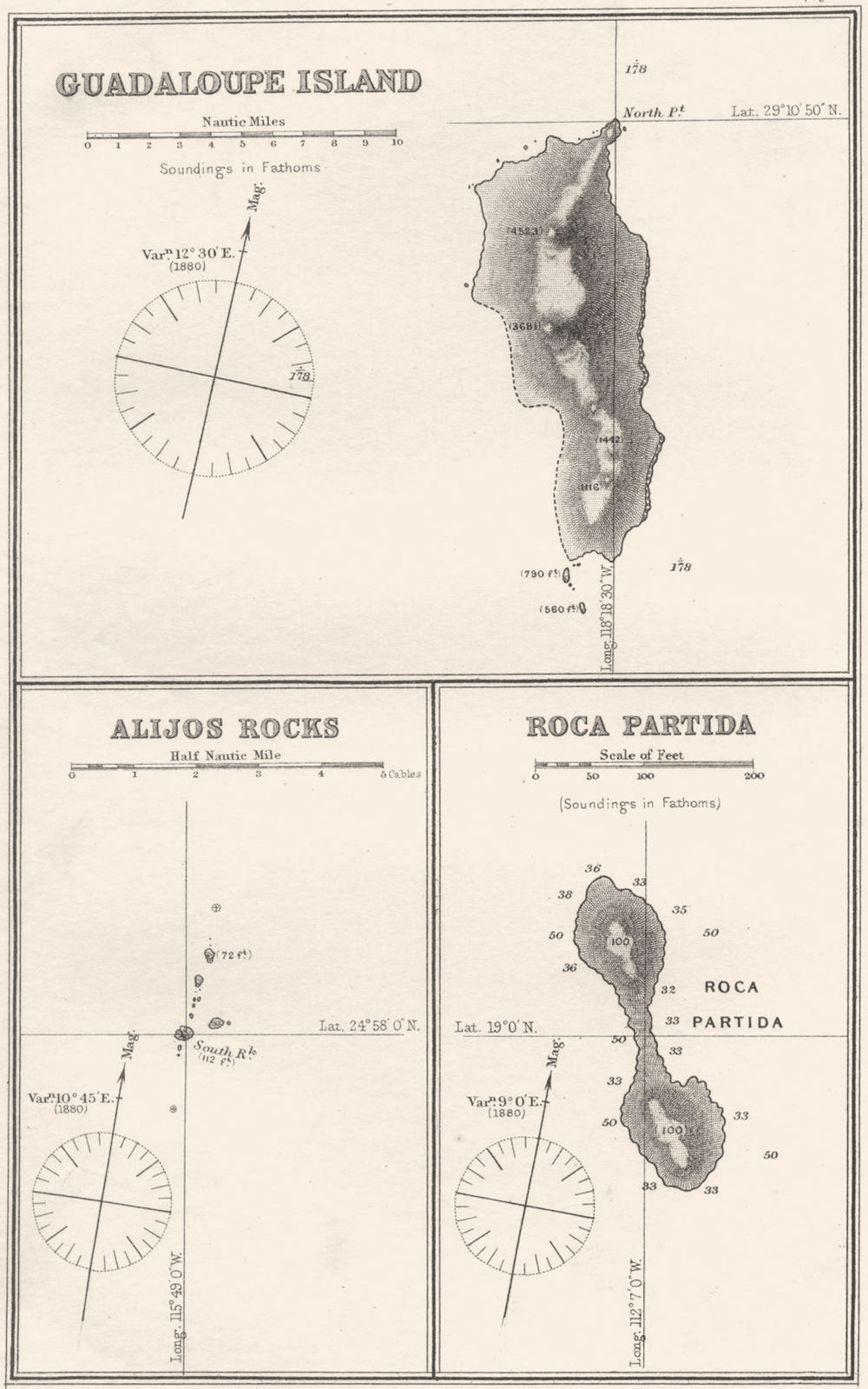 MEXICO. Sea chart of Guadalupe Island; Alijos Rocks; Roca Partida 1881 old map