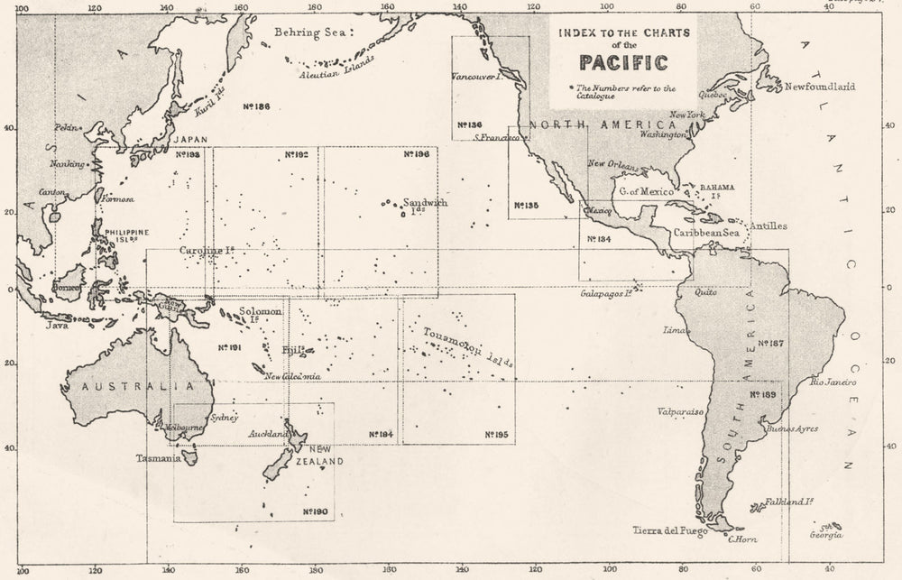 PACIFIC. Index to the Charts of the Pacific 1881 old antique map plan