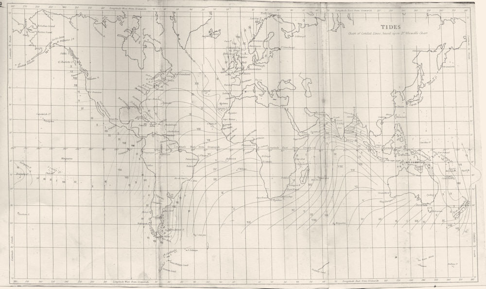 WORLD. Tides. Oceans. Cotidal lines. Whewell 1880 old antique map plan chart