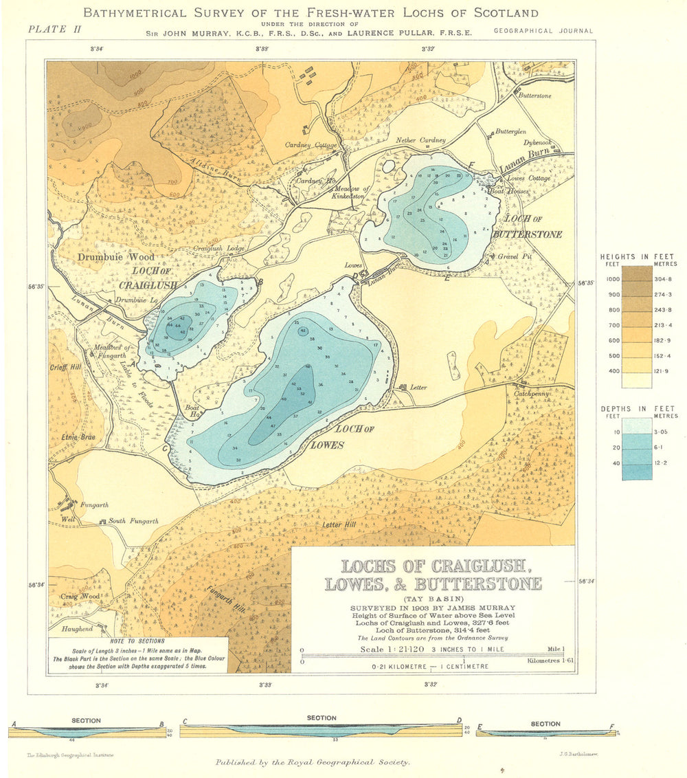 SCOTTISH LOCHS. Lochs of Craiglush, Lowes & Butterstone. RGS 1904 old map