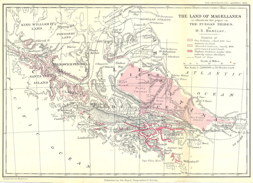 SOUTH AMERICA. Land of Magellanes paper Fuegan tribes. RGS 1904 old map
