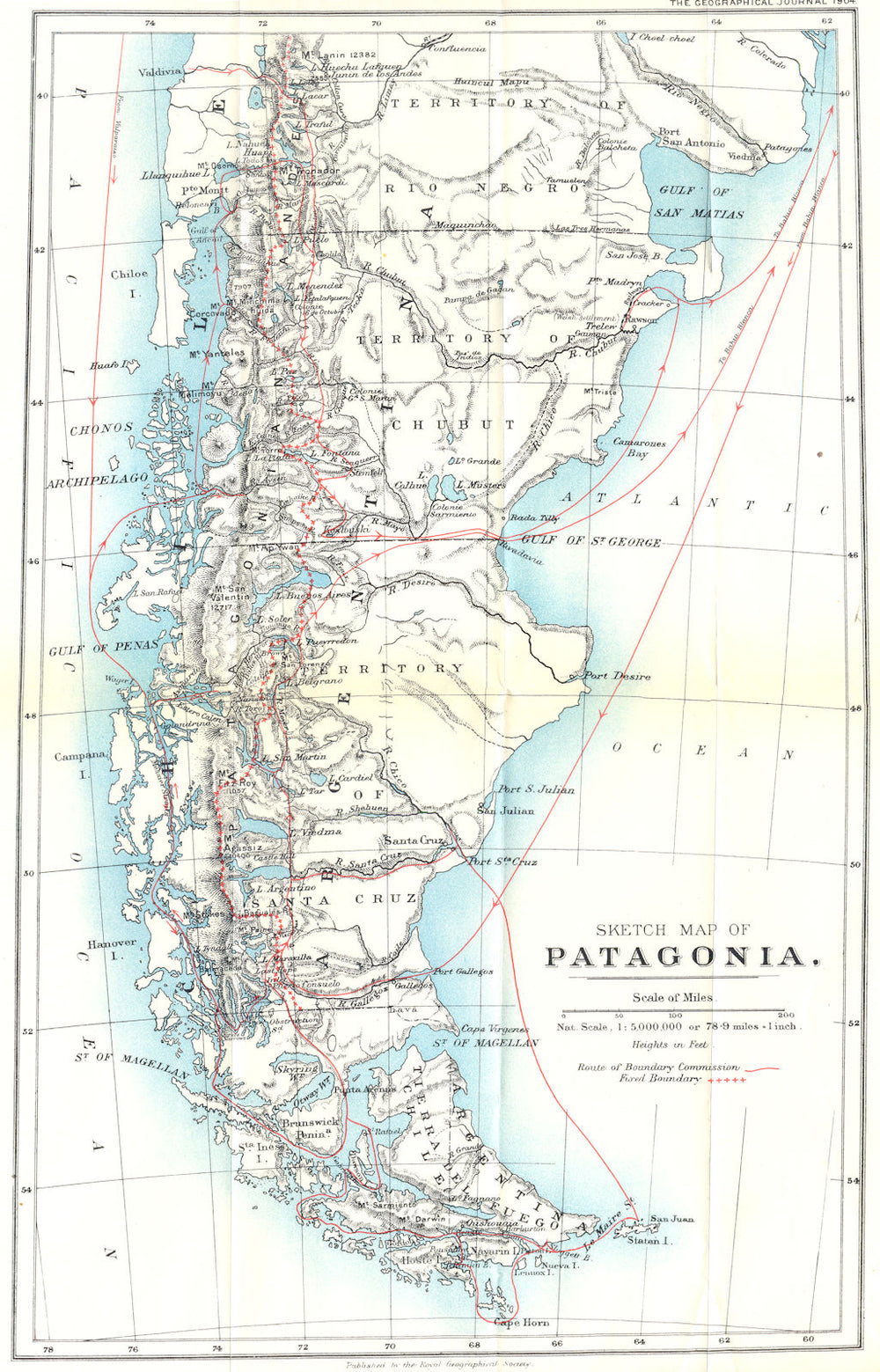 SOUTH AMERICA. Sketch map of Patagonia. RGS 1904 old antique plan chart
