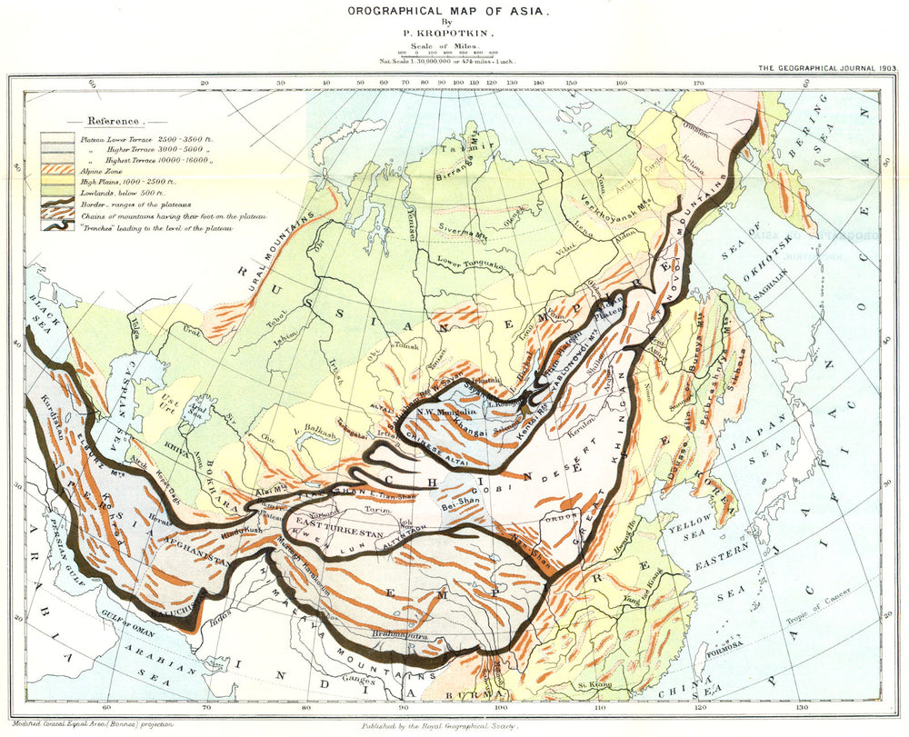 ASIA. Orographical map of Asia. RGS 1904 old antique vintage plan chart