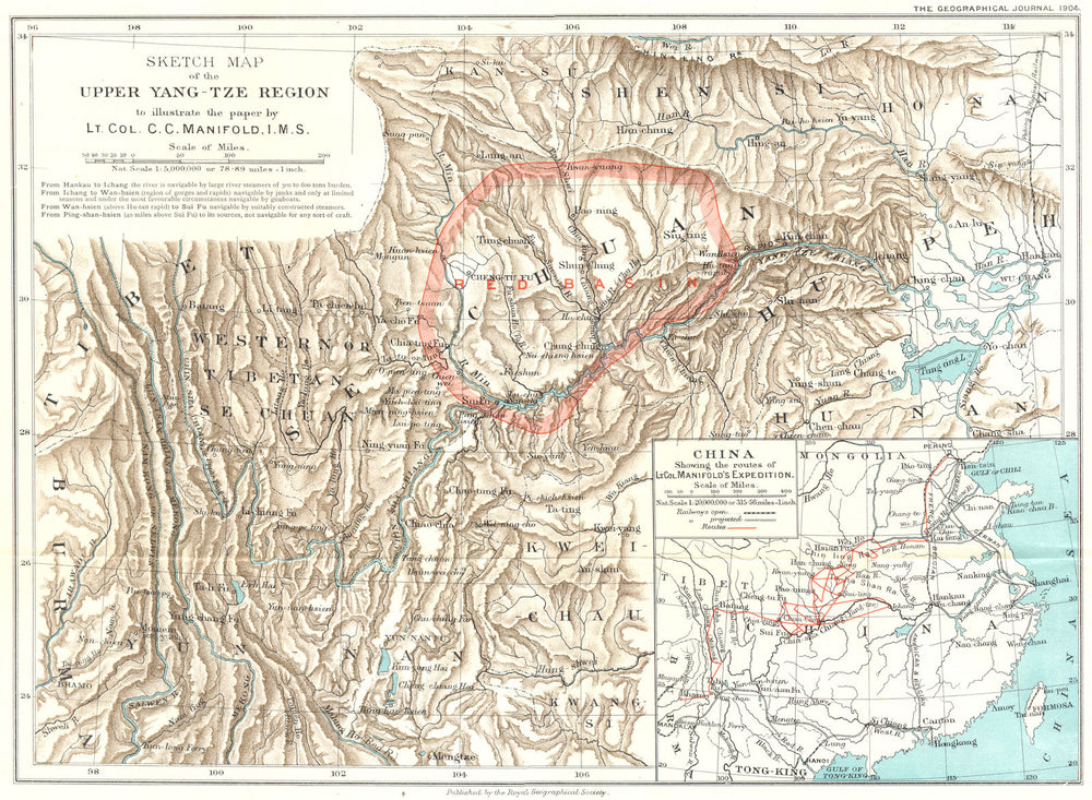 CHINA. Upper Yang- Tze region; Lt. Col. Manifold's Expedition. RGS 1904 map
