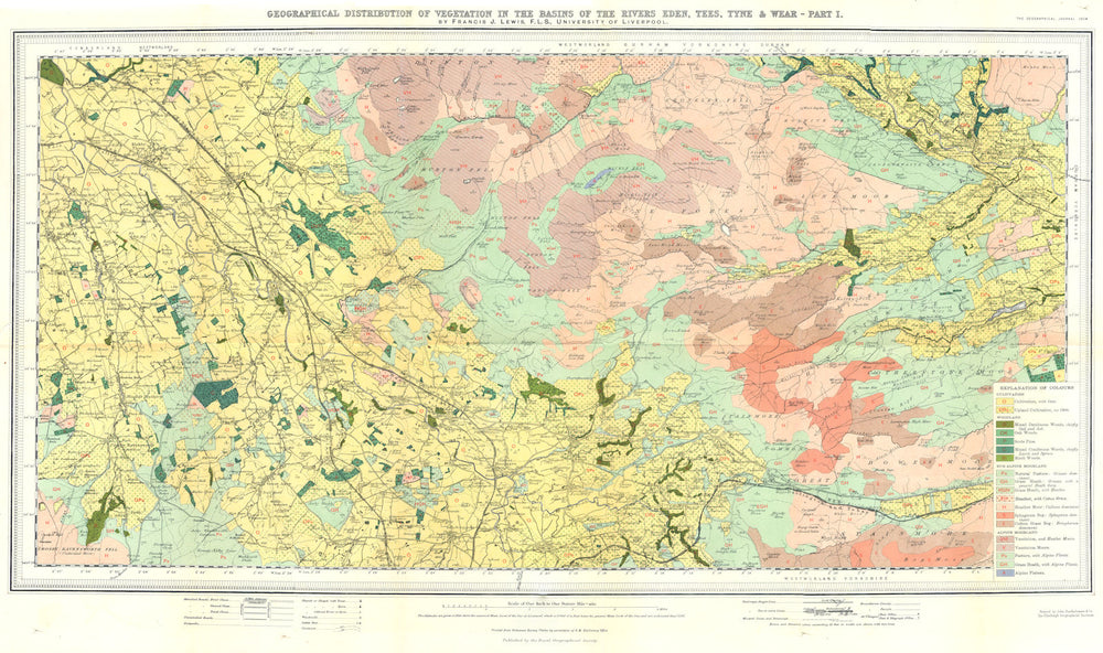 NE ENGLAND. Vegetation Basins of rivers Eden, Tees Tyne & Wear. RGS 1904 map