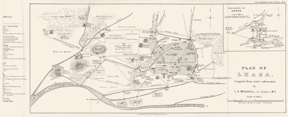 TIBET. Plan of Lhasa; Inset Environs of Lhasa. Lt Colonel Waddell. RGS 1904 map