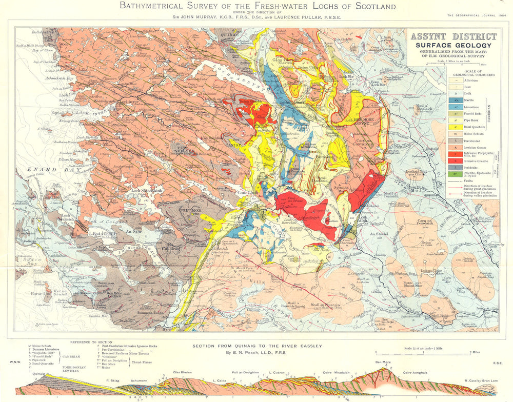 SCOTTISH LOCHS. Assynt district surface Geology. RGS 1904 old antique map
