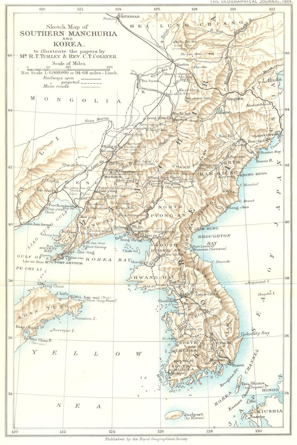 ASIA. Sketch Map of Southern Machuria and Korea. Turley Collyer. RGS 1904
