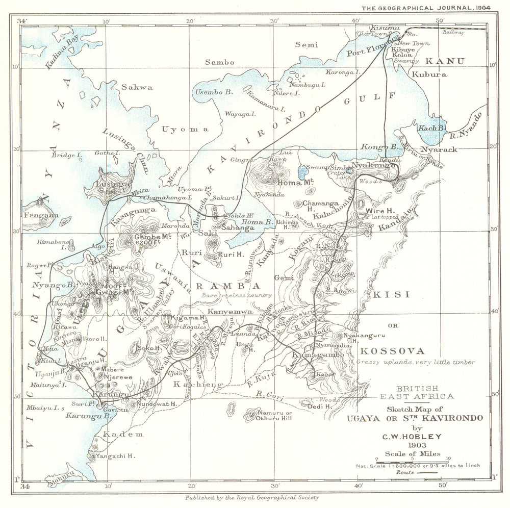 KENYA. Sketch map of Ugaya or South Winam Kavirondo. Hobley. RGS 1904 old