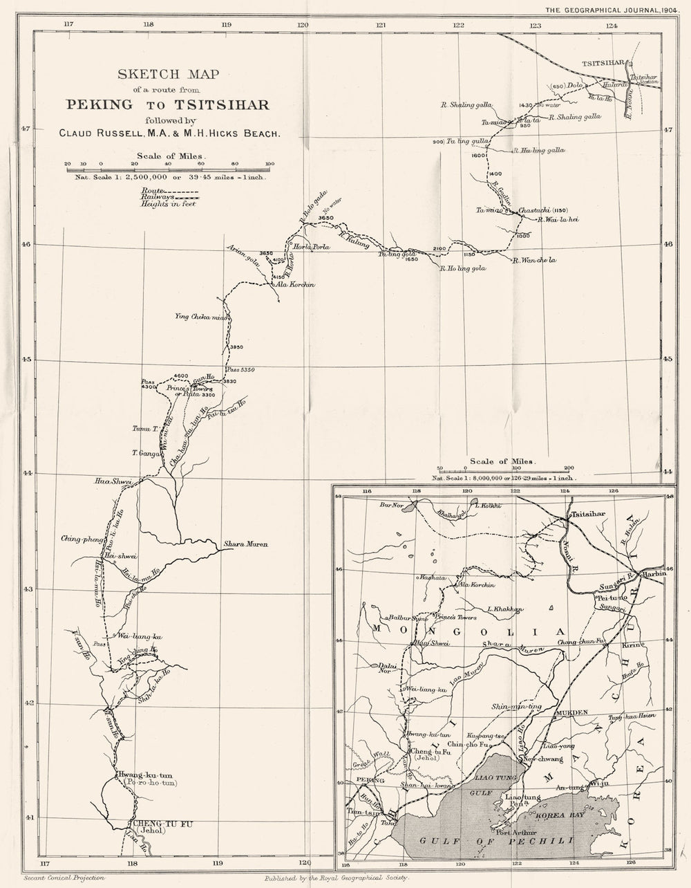 CHINA. Route Beijing Tsitsihar; Russell. Hicks Beach; Gulf Pechili. RGS 1904 map