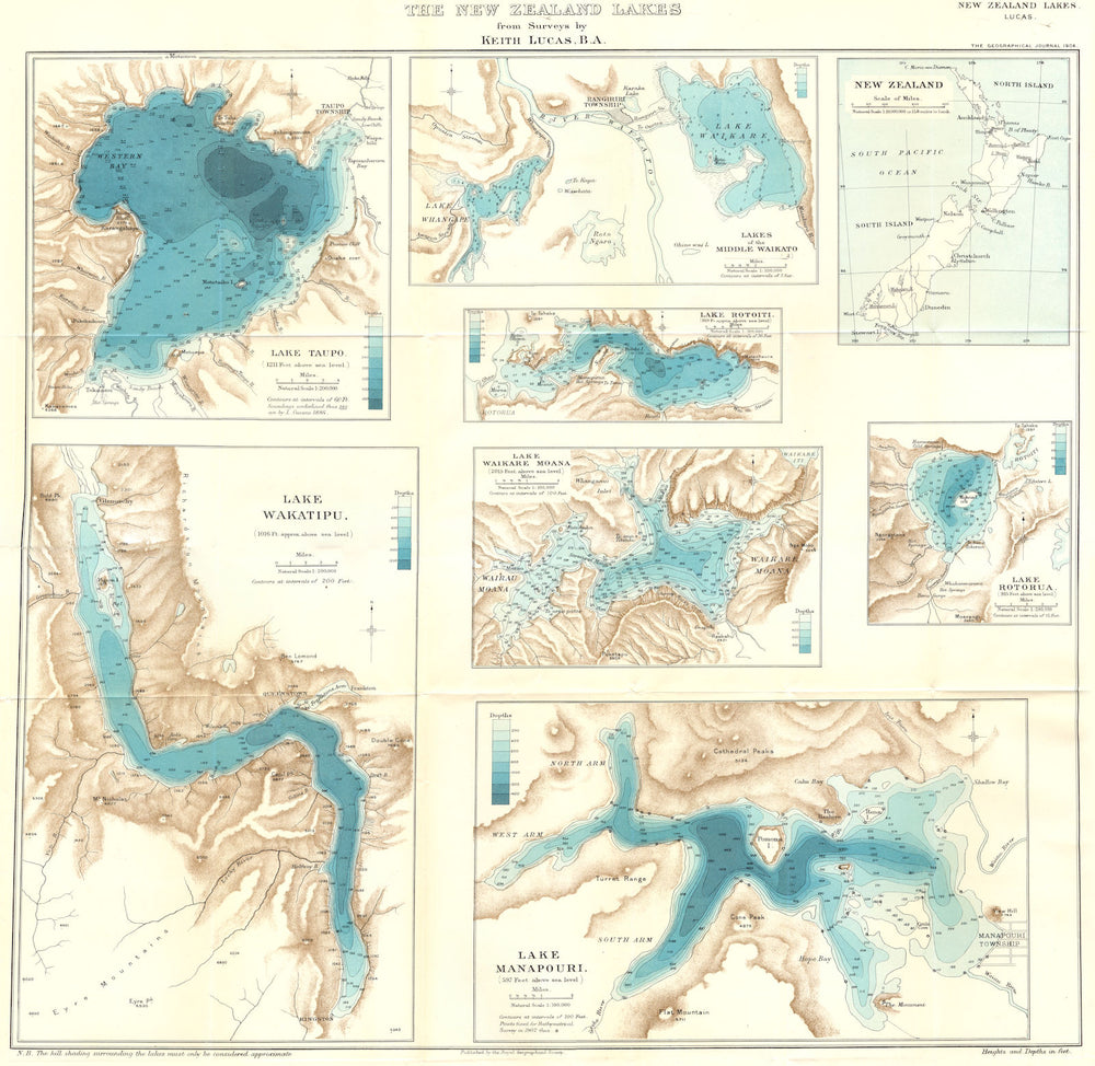 NEW ZEALAND LAKES. Taupo Waikato Rotoiti Wakatipu Waikare Moana Rotorua 1904 map